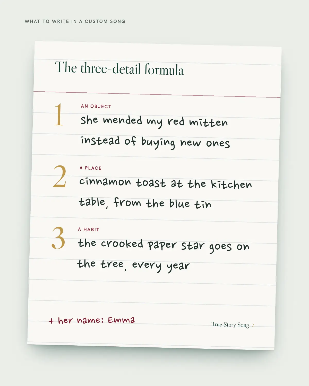 Handwritten note card listing three memories: a mended red mitten, cinnamon toast in a blue tin, a crooked paper star